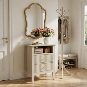 English Elm 18 Inch Fluted Beige Nightstand with Soft Close Drawers and Gold Knobs for Modern Bedrooms B082P514972