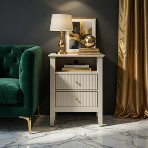 English Elm 18 Inch Fluted Beige Nightstand with Soft Close Drawers and Gold Knobs for Modern Bedrooms B082P514972