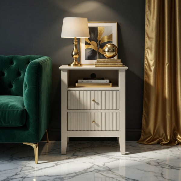 English Elm 18 Inch Fluted Beige Nightstand with Soft Close Drawers and Gold Knobs for Modern Bedrooms B082P514972