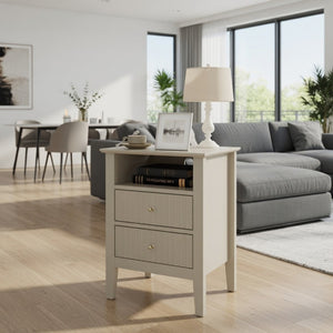 English Elm 18 Inch Fluted Beige Nightstand with Soft Close Drawers and Gold Knobs for Modern Bedrooms B082P514972