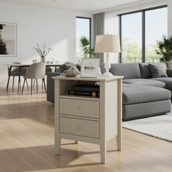 English Elm 18 Inch Fluted Beige Nightstand with Soft Close Drawers and Gold Knobs for Modern Bedrooms B082P514972