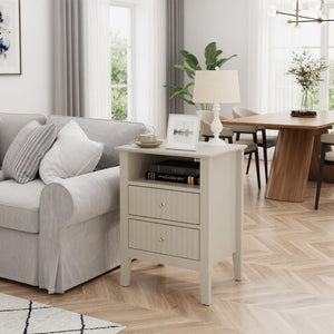 English Elm 18 Inch Fluted Beige Nightstand with Soft Close Drawers and Gold Knobs for Modern Bedrooms B082P514972