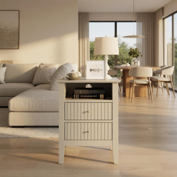 English Elm 18 Inch Fluted Beige Nightstand with Soft Close Drawers and Gold Knobs for Modern Bedrooms B082P514972