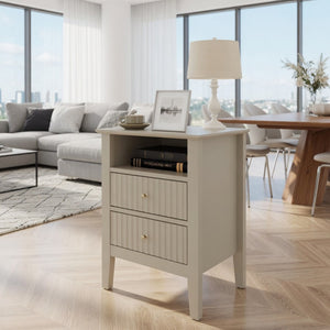 English Elm 18 Inch Fluted Beige Nightstand with Soft Close Drawers and Gold Knobs for Modern Bedrooms B082P514972