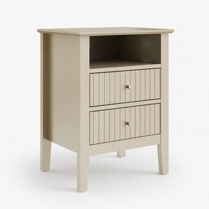 English Elm 18 Inch Fluted Beige Nightstand with Soft Close Drawers and Gold Knobs for Modern Bedrooms B082P514972