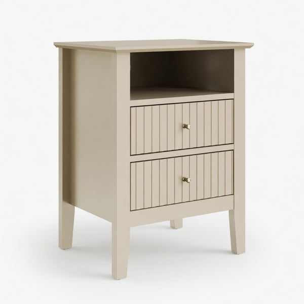 English Elm 18 Inch Fluted Beige Nightstand with Soft Close Drawers and Gold Knobs for Modern Bedrooms B082P514972