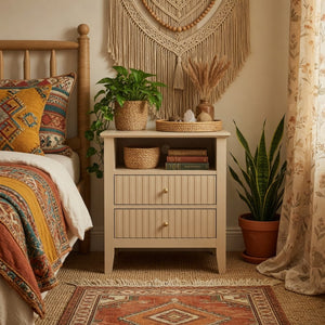 English Elm 18 Inch Fluted Beige Nightstand with Soft Close Drawers and Gold Knobs for Modern Bedrooms B082P514972
