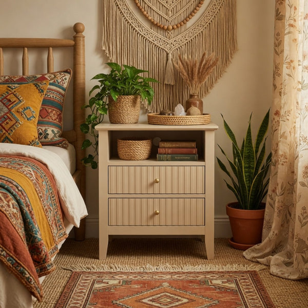 English Elm 18 Inch Fluted Beige Nightstand with Soft Close Drawers and Gold Knobs for Modern Bedrooms B082P514972