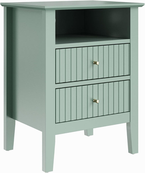 English Elm 18 Inch Fluted Matte Green Nightstand with Soft Close Drawers and Gold Knobs B082P514973