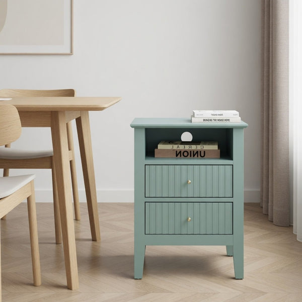 English Elm 18 Inch Fluted Matte Green Nightstand with Soft Close Drawers and Gold Knobs B082P514973