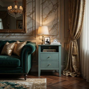 English Elm 18 Inch Fluted Matte Green Nightstand with Soft Close Drawers and Gold Knobs B082P514973