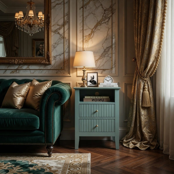 English Elm 18 Inch Fluted Matte Green Nightstand with Soft Close Drawers and Gold Knobs B082P514973