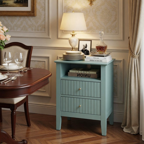 English Elm 18 Inch Fluted Matte Green Nightstand with Soft Close Drawers and Gold Knobs B082P514973