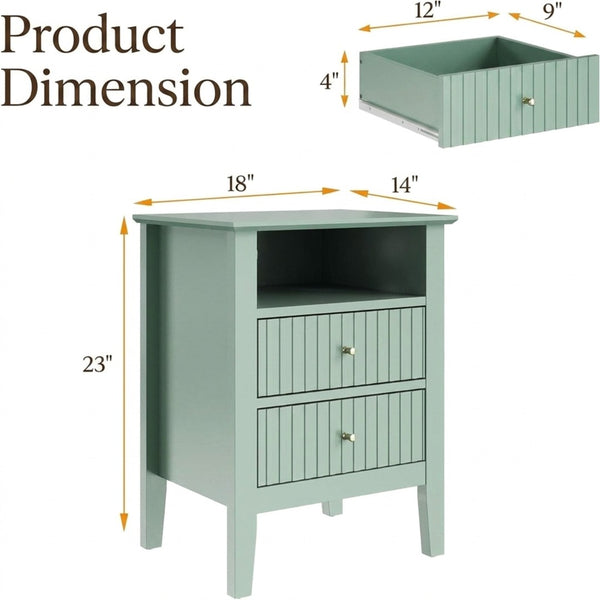 English Elm 18 Inch Fluted Matte Green Nightstand with Soft Close Drawers and Gold Knobs B082P514973