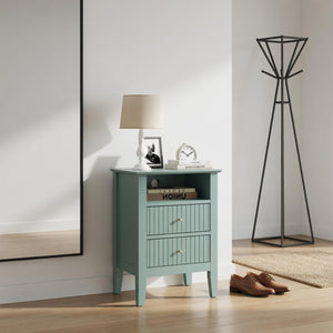 English Elm 18 Inch Fluted Matte Green Nightstand with Soft Close Drawers and Gold Knobs B082P514973