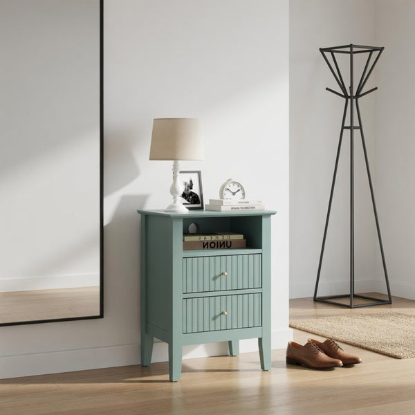 English Elm 18 Inch Fluted Matte Green Nightstand with Soft Close Drawers and Gold Knobs B082P514973