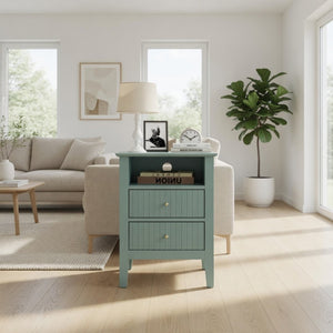English Elm 18 Inch Fluted Matte Green Nightstand with Soft Close Drawers and Gold Knobs B082P514973