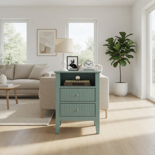 English Elm 18 Inch Fluted Matte Green Nightstand with Soft Close Drawers and Gold Knobs B082P514973