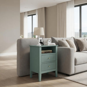 English Elm 18 Inch Fluted Matte Green Nightstand with Soft Close Drawers and Gold Knobs B082P514973