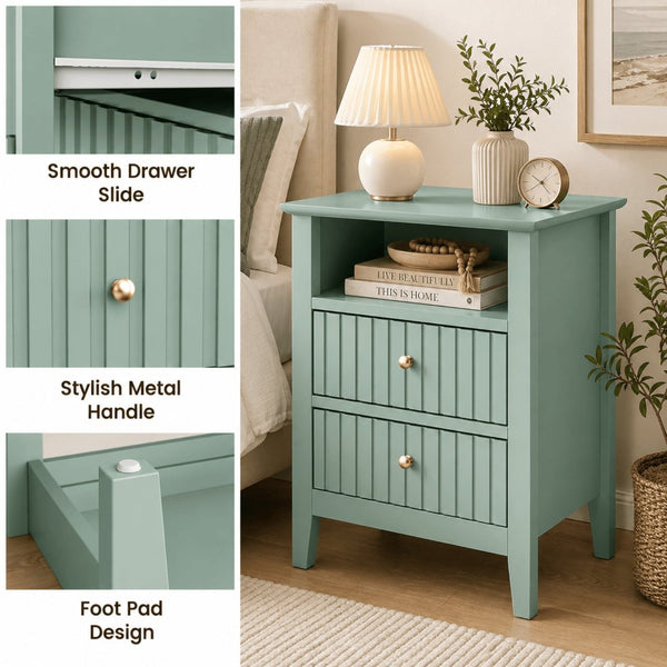 English Elm 18 Inch Fluted Matte Green Nightstand with Soft Close Drawers and Gold Knobs B082P514973