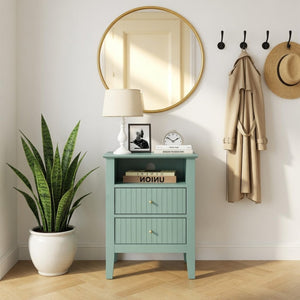 English Elm 18 Inch Fluted Matte Green Nightstand with Soft Close Drawers and Gold Knobs B082P514973