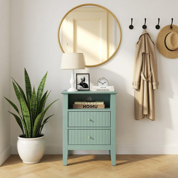 English Elm 18 Inch Fluted Matte Green Nightstand with Soft Close Drawers and Gold Knobs B082P514973