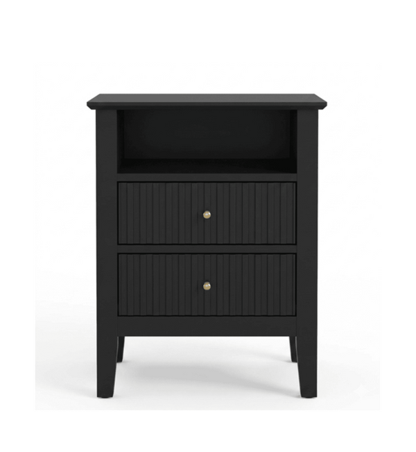 English Elm 18" Fluted Mdf Nightstands Set of 2 with Gold Hardware Soft-close Drawers Open Shelf Black B082P514974