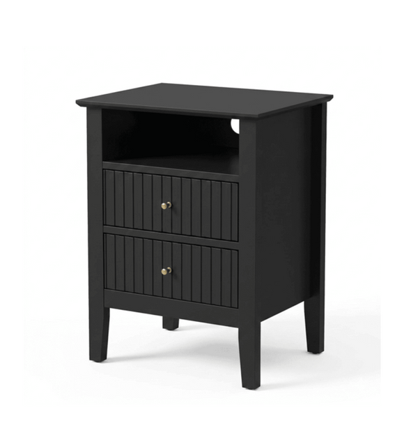 English Elm 18" Fluted Mdf Nightstands Set of 2 with Gold Hardware Soft-close Drawers Open Shelf Black B082P514974