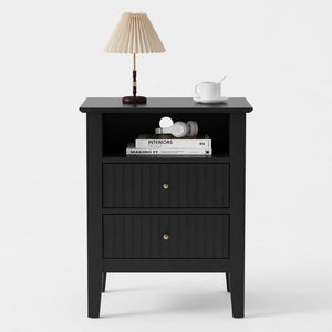 English Elm 18" Fluted Mdf Nightstands Set of 2 with Gold Hardware Soft-close Drawers Open Shelf Black B082P514974