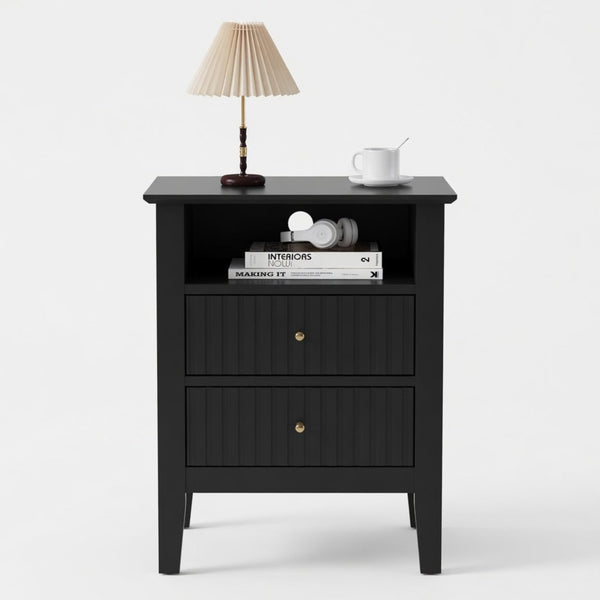 English Elm 18" Fluted Mdf Nightstands Set of 2 with Gold Hardware Soft-close Drawers Open Shelf Black B082P514974