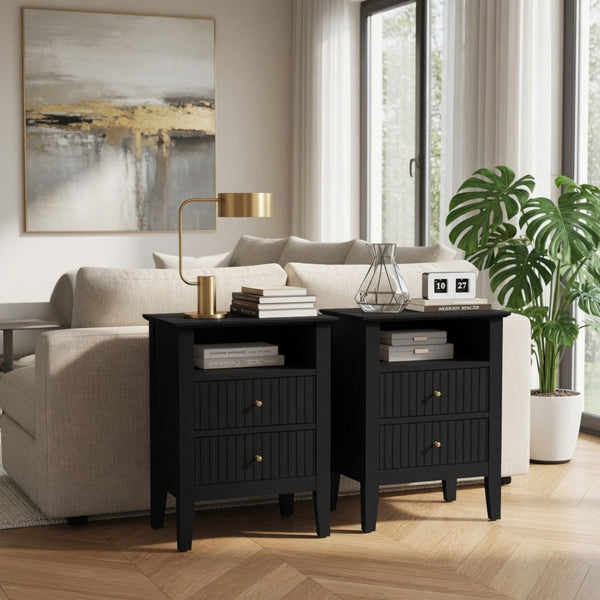 English Elm 18" Fluted Mdf Nightstands Set of 2 with Gold Hardware Soft-close Drawers Open Shelf Black B082P514974
