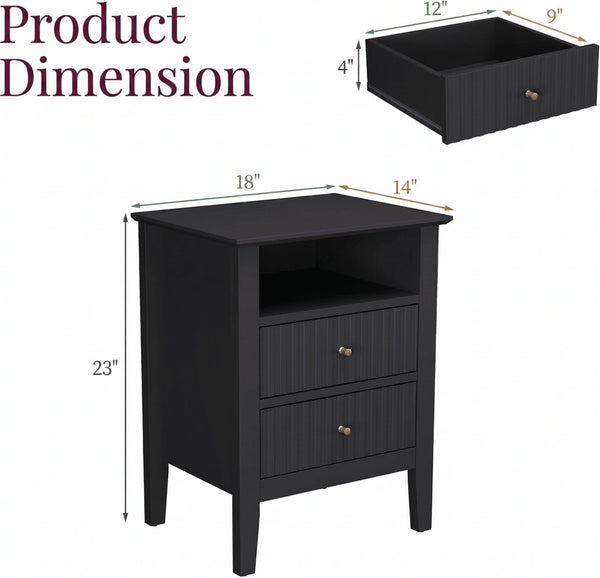English Elm 18" Fluted Mdf Nightstands Set of 2 with Gold Hardware Soft-close Drawers Open Shelf Black B082P514974