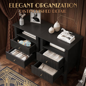English Elm 18" Fluted Mdf Nightstands Set of 2 with Gold Hardware Soft-close Drawers Open Shelf Black B082P514974