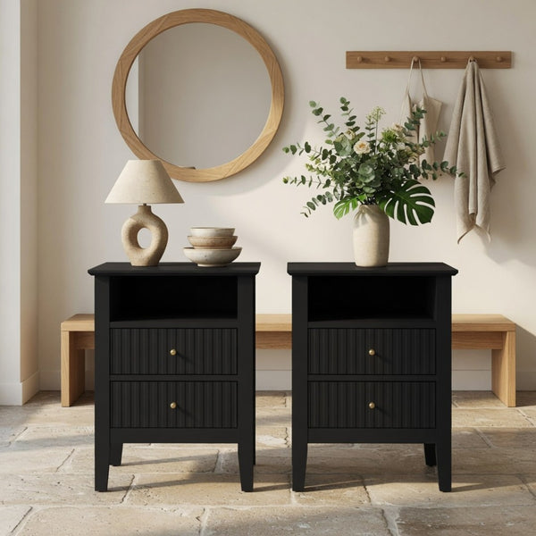 English Elm 18" Fluted Mdf Nightstands Set of 2 with Gold Hardware Soft-close Drawers Open Shelf Black B082P514974