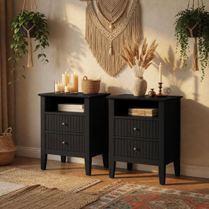 English Elm 18" Fluted Mdf Nightstands Set of 2 with Gold Hardware Soft-close Drawers Open Shelf Black B082P514974