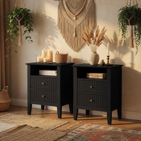 English Elm 18" Fluted Mdf Nightstands Set of 2 with Gold Hardware Soft-close Drawers Open Shelf Black B082P514974