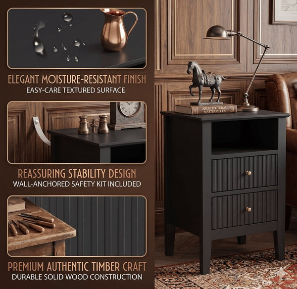 English Elm 18" Fluted Mdf Nightstands Set of 2 with Gold Hardware Soft-close Drawers Open Shelf Black B082P514974