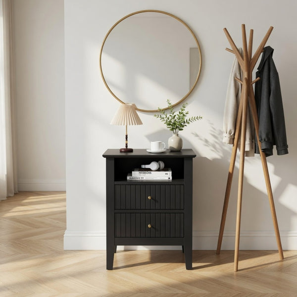 English Elm 18" Fluted Mdf Nightstands Set of 2 with Gold Hardware Soft-close Drawers Open Shelf Black B082P514974