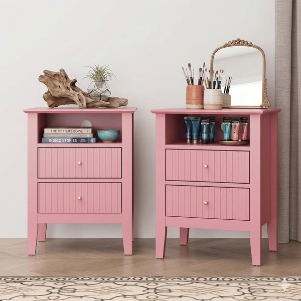English Elm 18" Fluted Mdf Nightstands Set of 2 with Gold Hardware Soft-close Drawers Open Shelf Pink B082P514975