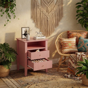 English Elm 18" Fluted Mdf Nightstands Set of 2 with Gold Hardware Soft-close Drawers Open Shelf Pink B082P514975