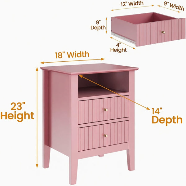 English Elm 18" Fluted Mdf Nightstands Set of 2 with Gold Hardware Soft-close Drawers Open Shelf Pink B082P514975