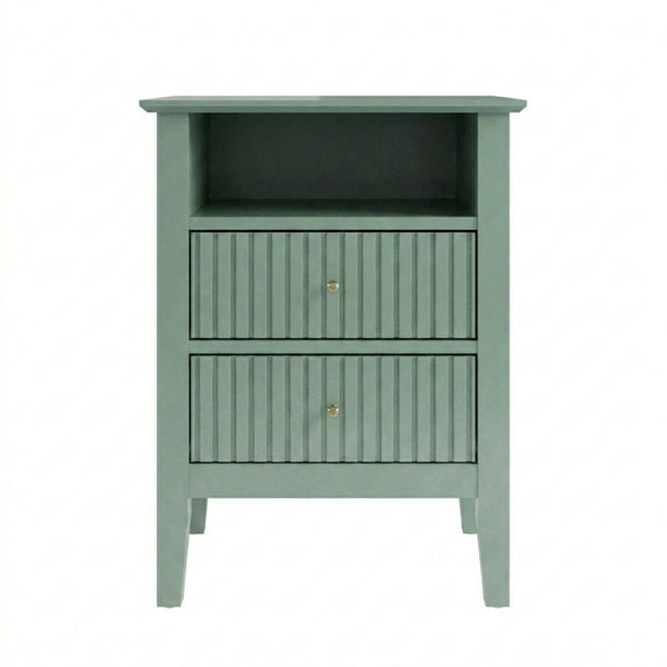 English Elm 18" Fluted Mdf Nightstands Set of 2 with Gold Hardware Soft-close Drawers Open Shelf Green B082P514976