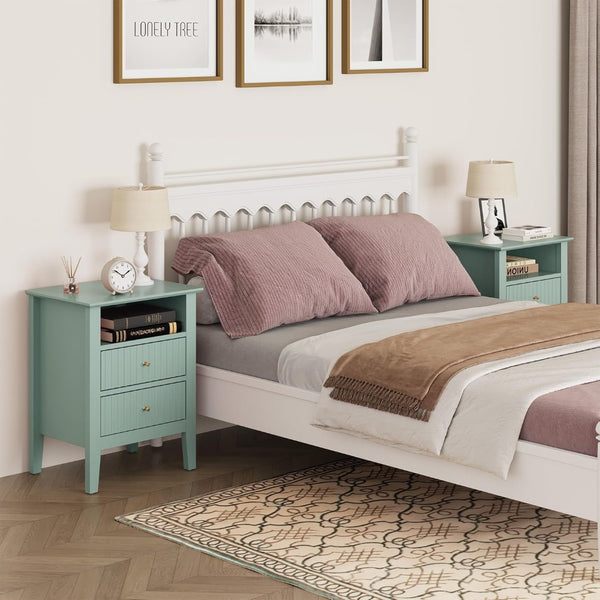 English Elm 18" Fluted Mdf Nightstands Set of 2 with Gold Hardware Soft-close Drawers Open Shelf Green B082P514976