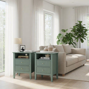 English Elm 18" Fluted Mdf Nightstands Set of 2 with Gold Hardware Soft-close Drawers Open Shelf Green B082P514976