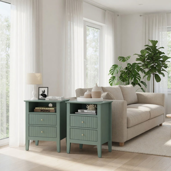 English Elm 18" Fluted Mdf Nightstands Set of 2 with Gold Hardware Soft-close Drawers Open Shelf Green B082P514976