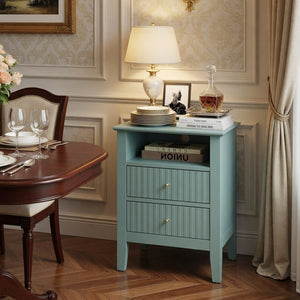 English Elm 18" Fluted Mdf Nightstands Set of 2 with Gold Hardware Soft-close Drawers Open Shelf Green B082P514976