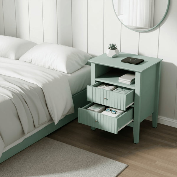 English Elm 18" Fluted Mdf Nightstands Set of 2 with Gold Hardware Soft-close Drawers Open Shelf Green B082P514976