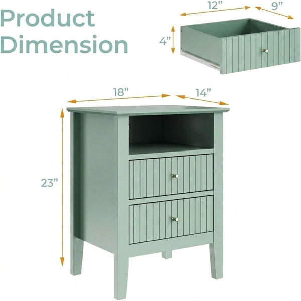 English Elm 18" Fluted Mdf Nightstands Set of 2 with Gold Hardware Soft-close Drawers Open Shelf Green B082P514976