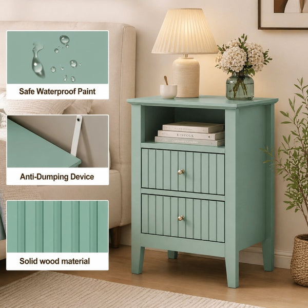 English Elm 18" Fluted Mdf Nightstands Set of 2 with Gold Hardware Soft-close Drawers Open Shelf Green B082P514976
