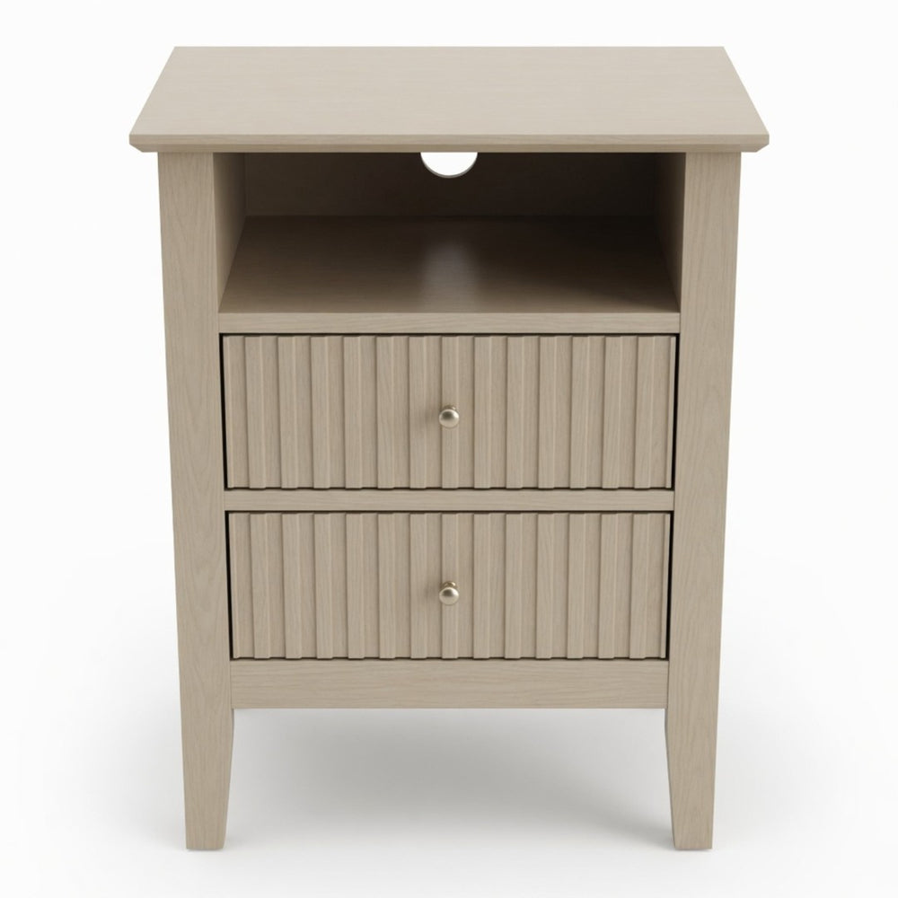 English Elm 18" Fluted Mdf Nightstand Pair with Soft-close Drawers Open Shelf Gold Knobs B082P514977